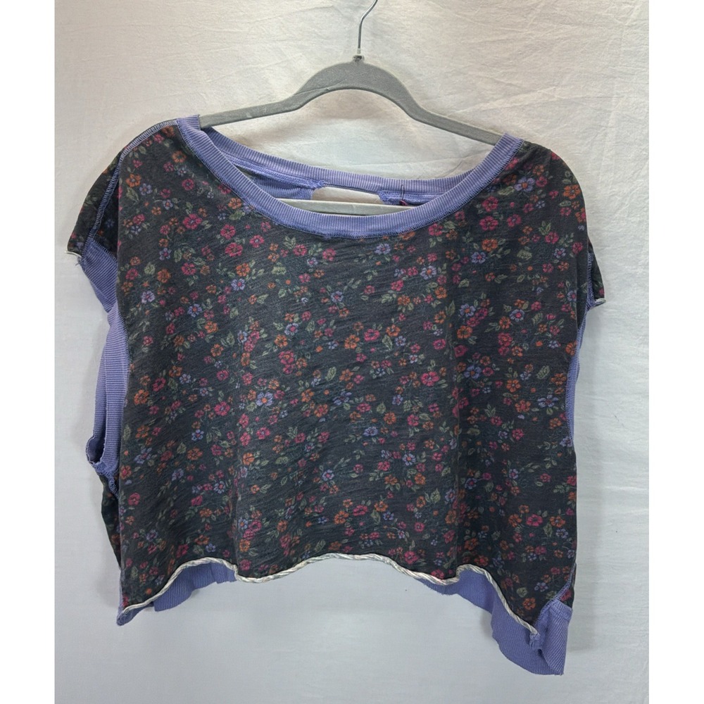 Natural Life Floral Open Back Jersey Boat Neck Wide Arm Slits Casual Gym Sz L